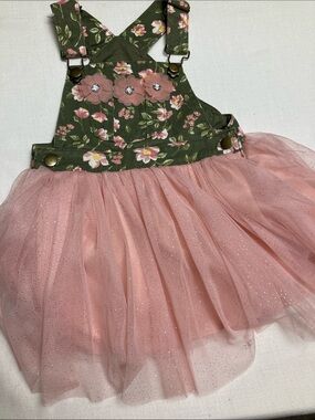 Little Lass Green Floral Overall Dress with Pink Tulle Skirt